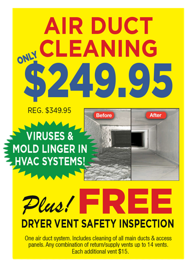 Air Duct Cleaning Coupon offering $249.95 cleaning plus free dryer vent safety inspection